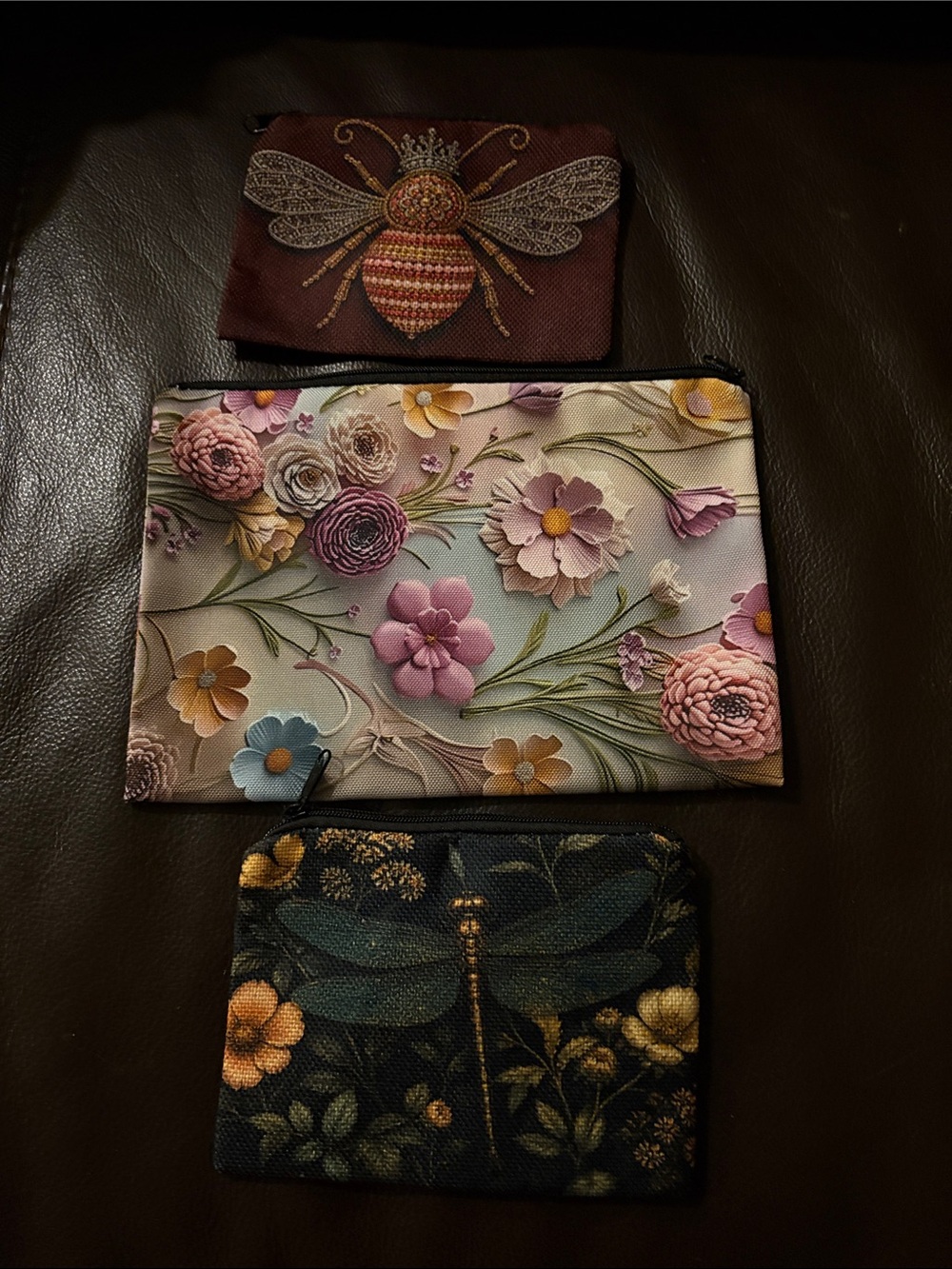 Floral & Bee Zip Pouch Set — Multicolor Floral, Burgundy Bee & Dark Dragonfly